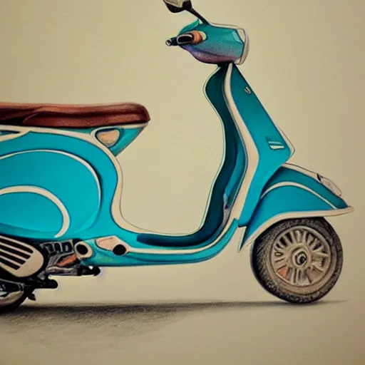 Image similar to hyper realistic pencil drawing of a turquoise vespa moped, loose water color, detailed, rim light, diffused, intricate, by anna dittmann,