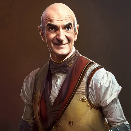 Image similar to smirking male bard, Louis de Funès, portrait, headshot, D&D, fantasy, highly detailed, digital painting, artstation, concept art, sharp focus, illustration, art by artgerm and greg rutkowski and alphonse mucha