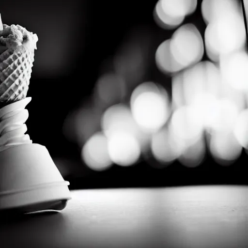 Image similar to a dramatic black-and-white macro photograph of an ice cream cone dressed in a formal tuxedo, ready for the big event on stage. Shallow depth-of-field.