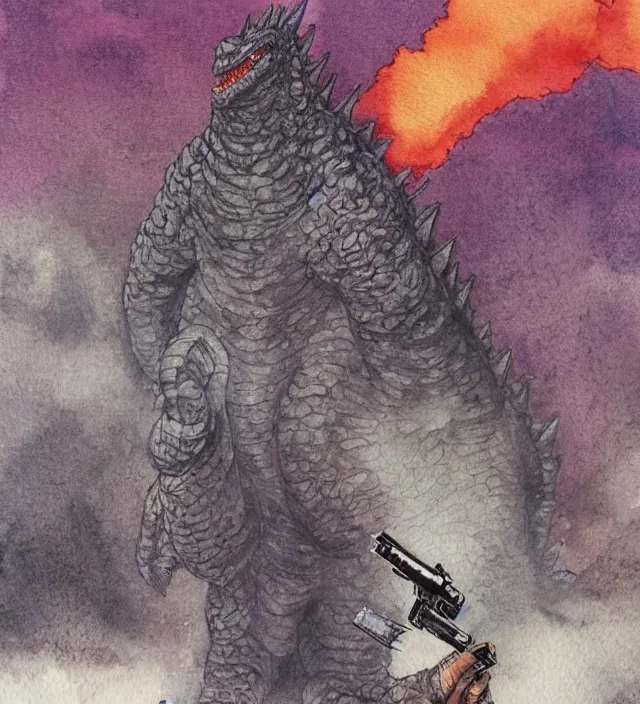 Prompt: a 3 / 4 view watercolor ink painting of godzilla with a glock in the style of jean giraud in the style of moebius trending on artstation deviantart pinterest detailed realistic hd 8 k high resolution