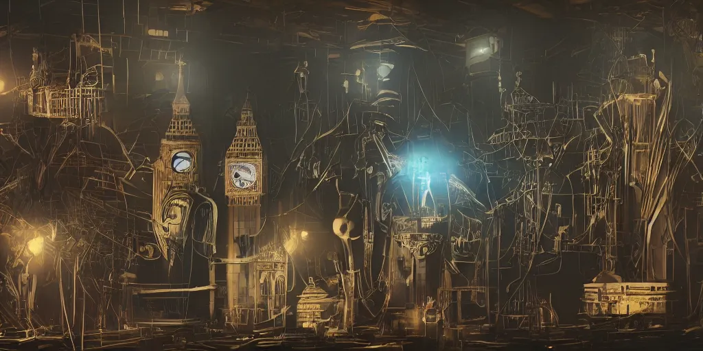 Image similar to a law firm representing the artificial intelligence collective against the big corporations who appropriate ethics, steampunk, london, big ben, dishonored, stylized, 8 k, uhd.