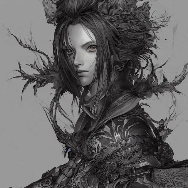 Image similar to the portrait of neutral evil fallen female dark knight vagabond as absurdly beautiful, gorgeous, elegant, sophisticated, woman, an ultrafine hyperdetailed illustration by kim jung gi, irakli nadar, intricate linework, bright colors, octopath traveler, final fantasy, unreal engine 5 highly rendered, global illumination, radiant light, detailed and intricate environment