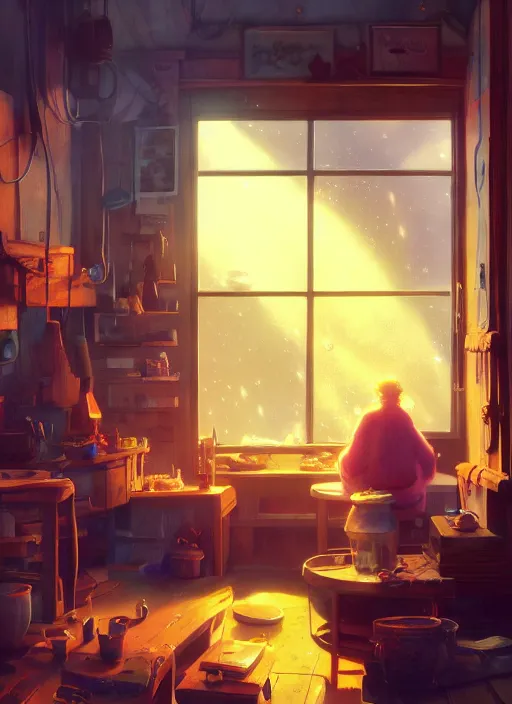 Image similar to beautiful interior of a cozy woodworker shop, james gilleard, delphin enjolras, goro fujita, makoto shinkai, paul lehr, volumetric lighting, octane render, very coherent, trending on artstation