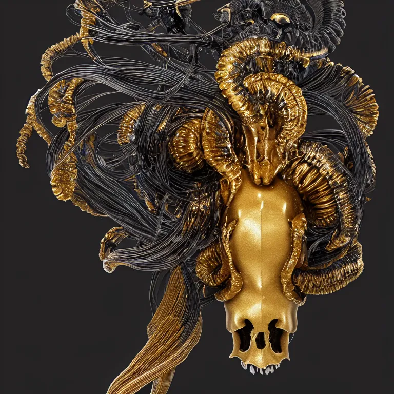 Image similar to black background. absolutely symmetrical sculpture. centered. goddess princess face close-up portrait ram skull. sculpture made of gold and black charcoal. jellyfish phoenix head, nautilus, orchid, skull, betta fish, bioluminiscent creatures, intricate artwork by Tooth Wu and wlop and beeple. octane render, trending on artstation, greg rutkowski very coherent symmetrical artwork. cinematic, hyper realism, high detail, octane render, 8k