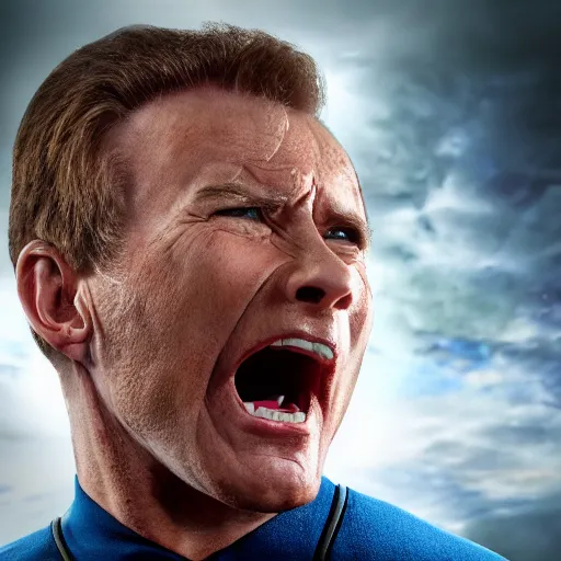 Image similar to photograph of captain j. kirk from star trek screaming in terror. sharp photograph, sharp focus, highly detailed,, detailed face!!, ultra realism, dramatic lighting, zeiss lens, canon eos, detailed skin, dynamic pose, 8 k resolution, hyperrealism, portrait photography