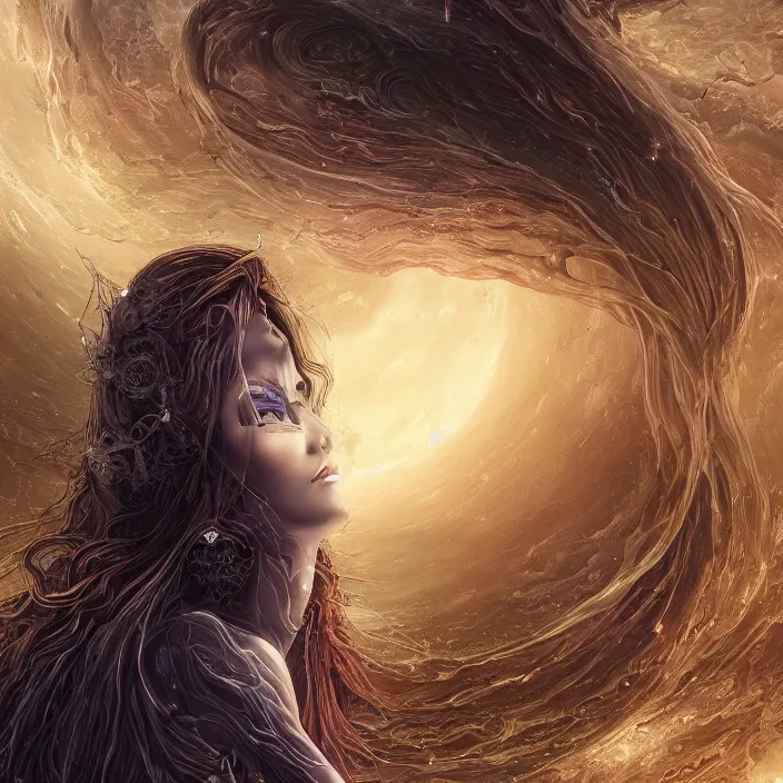 Image similar to gorgeous celestial woman with long hair wrapping downward around planet seen for space, hyper-detailed, smooth, sharp focus, depth map, digital painting, apocalyptic art, fantasy dark art, 4k ultra hd, cinematic