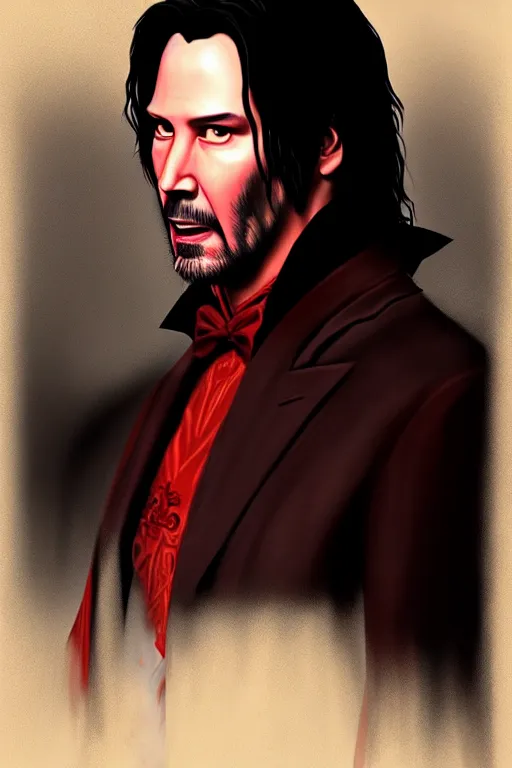 Image similar to keanu reeves as dracula, detailed art, artstation