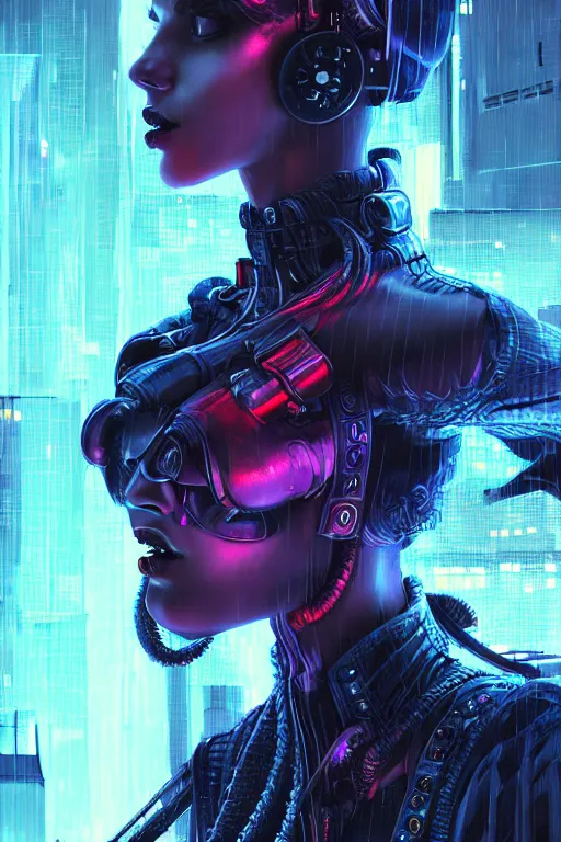 Image similar to portrait futuristic demonic cyberpunk female pirate, in futuristic stormy thunder rainning moonlight tokyo rooftop cyberpunk night, ssci-fi, fantasy, intricate, very very beautiful, elegant, neon light, highly detailed, digital painting, artstation, concept art, soft light, hdri, smooth, sharp focus, illustration, art by tian zi and craig mullins and WLOP and alphonse mucha