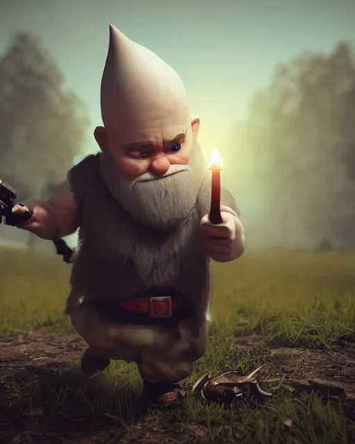 Image similar to bald gnome big white beard, dagger, bomb, running, field, angry, hyper realism, cinematic, volumetric lighting, high detail, octane render, depth of field, dnd, extremely detailed, very sharp, in the style of greg rutkowski