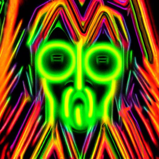 Image similar to digital art symmetrical demon face full of neon bright colours, in the dark, surrounded by smoke