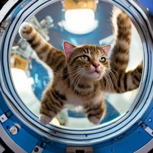 Prompt: Photo of cats floating inside the International Space Station in zero gravity, highly-detailed 4K award-winning cinematic epic