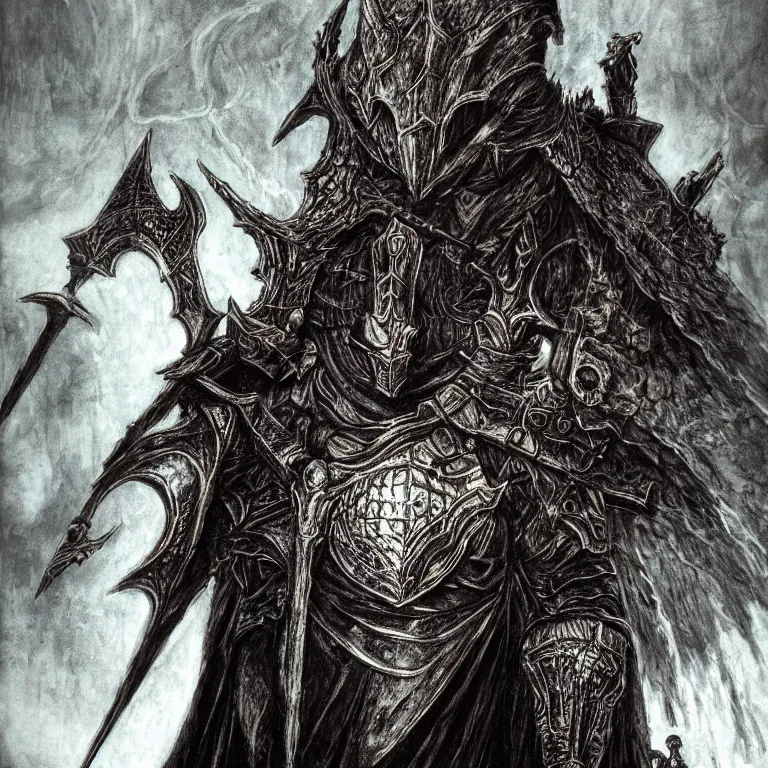 Image similar to Folk horror portrait of the ashen one from dark souls III (dark souls 3), detailed illustration by Yoshitaka Amano