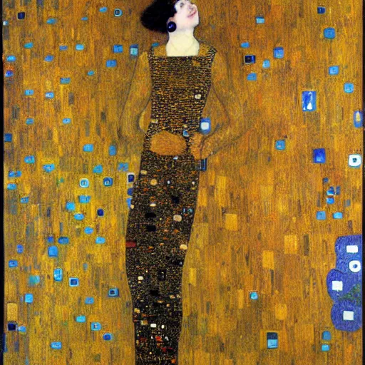 Prompt: representation of a young woman with a happy face in the year 1907 by Gustav Klimt