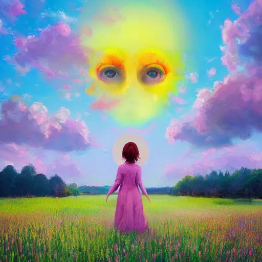 Image similar to girl with a flower face, surreal photography, dream, standing in flower field, in a valley, sunrise dramatic light, impressionist painting, colorful clouds, artstation, simon stalenhag