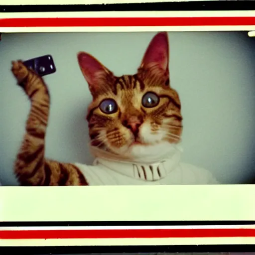 Image similar to polaroid of a cat and aliens taking a selfie together in mars