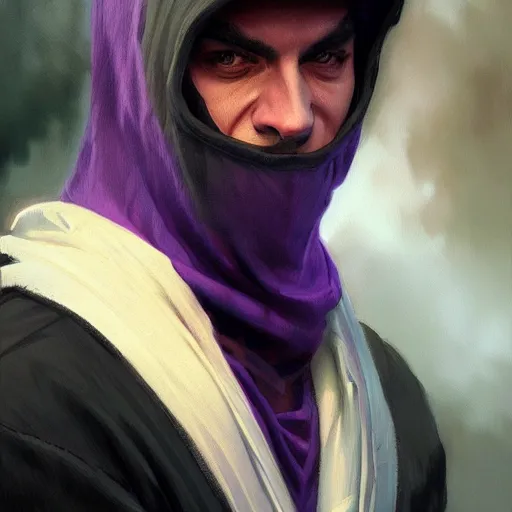 Image similar to ultra realistic illustration, man in a black hood, in a striped purple balaclava, mysterious, highly detailed, digital painting, artstation, concept art, smooth, sharp focus, illustration, art by artgerm and greg rutkowski and alphonse mucha