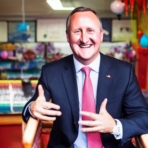 Image similar to a beautiful studio photo portrait of john key in chinatown, happy and smiling