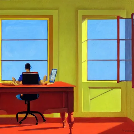 Prompt: A fine art painting of a man wearing Vr goggles dressed in orange overalls and creating the metaverse at a desk with screens, view from outside through a window on a British street. In the style of Edward Hopper and Wes Anderson