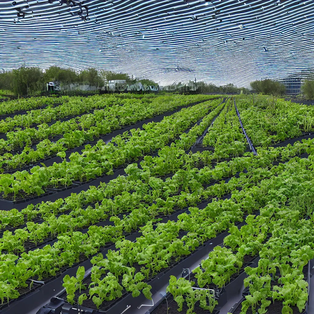 Prompt: zaha hadid windtrap shaped atmospheric water collector, irrigation system in the background, racks of vegetables growing, in the middle of the desert, with a miniature indoor lake, XF IQ4, 150MP, 50mm, F1.4, ISO 200, 1/160s, natural light at sunset with outdoor led strip lighting