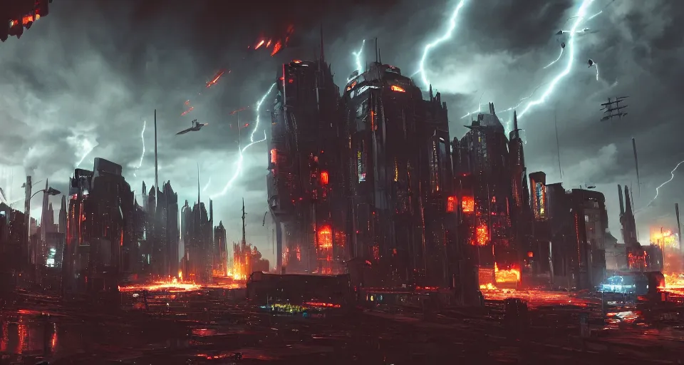 Image similar to sci-fi bombers in a cyberpunk medieval gothic dark-ages city, rich contrast, sci-fi bombers in the lightning-storm sky, feeling of grimdark and gothic horror, explosions and fire, hyperrealistic, octane render, unreal engine, Cryengine 8k UHD