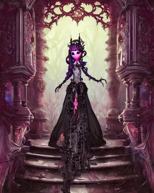 Image similar to baroque bedazzled gothic royalty frames surrounding a watercolor portrait of monster high draculaura doll, stephen bliss, unreal engine, by greg rutkowski, loish, rhads, makoto shinkai and lois van baarle, ilya kuvshinov, rossdraws, global illumination, radiant light, detailed and intricate environment, watercolor lighting