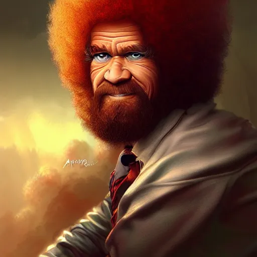 Image similar to Portrait of an evil looking Bob Ross, hairs of red flames, fantasy, D&D, intricate, highly detailed, digital painting, trending on artstation, sharp focus, illustration, style of Stanley Artgerm