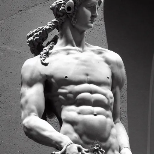 Image similar to A photo of Michelangelo's sculpture of David wearing headphones djing