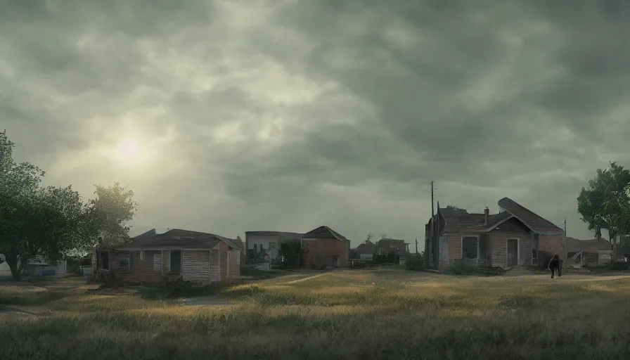 Prompt: midwest city's low - rise neighborhood, abandoned house, people, cloudy day, volumetric light, hyperdetailed, artstation, cgsociety, 8 k