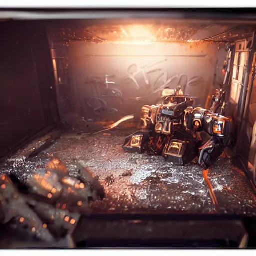 Image similar to head of toaster oven mecha, dark messy smoke - filled cluttered workshop, dark, dramatic lighting, orange tint, cinematic, highly detailed, sci - fi, futuristic, movie still