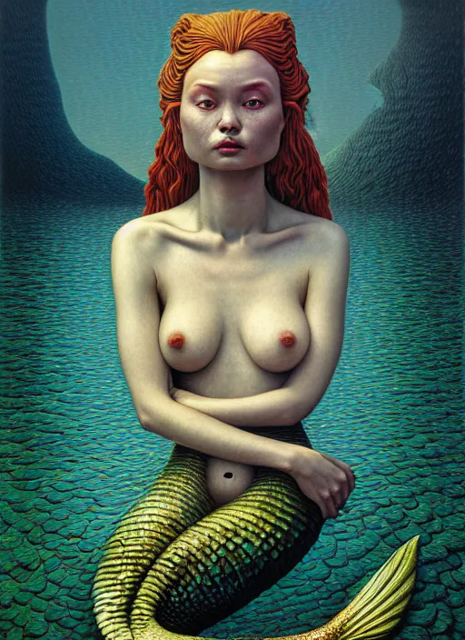 Prompt: hyper detailed 3d render like an Oil painting - Portrait of a mermaid by Jacek Yerka, Mariusz Lewandowski, Houdini algorithmic generative render, Abstract brush strokes, Masterpiece, Edward Hopper and James Gilleard, Zdzislaw Beksinski, Mark Ryden, Wolfgang Lettl, hints of Yayoi Kasuma, octane render, 8k