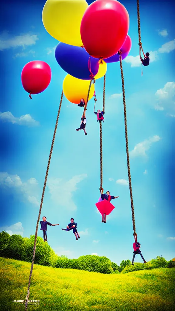 Image similar to large colorful balloons with people on rope swings underneath, flying high over the beautiful countryside landscape, professional photography, 8 0 mm telephoto lens, realistic, detailed, digital art, unreal engine