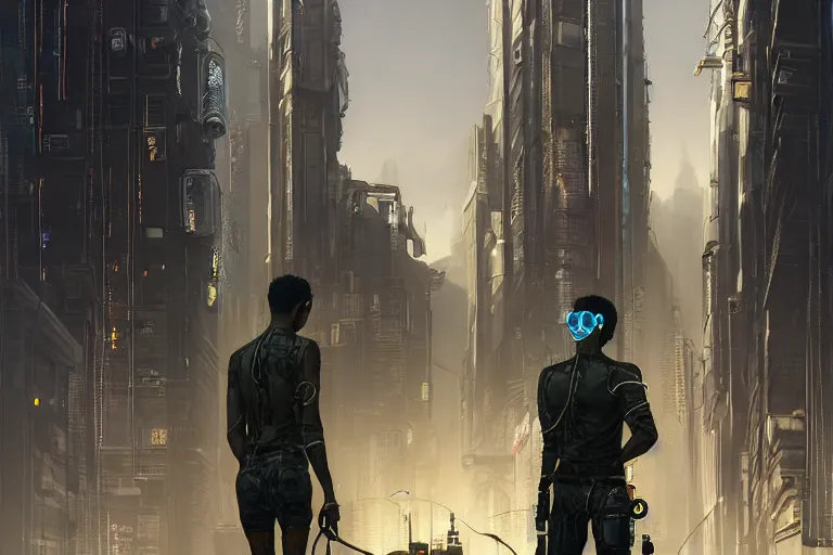 Image similar to A cyberpunk very highly detailed camera man with black skin, short hair cut, tiny thin mustache, thin face, with very highly detailed face on the street of a very highly detailed smooth cyberpunk city digital concept art by Greg Rutkowski, neofuturistic highly detailed, digital concept art, Dimensional cyan gold natural light, sharp focus, Golden Ratio illustration, realistic concept art by Stephen Hickman and James Gurney and Hiromasa Ogura Ghost in the Shell rendered in Octane Render, From the distance