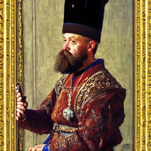 Image similar to portrait of medieval russian tsar in Cap of Monomakh sitting and holding iphone smartphone cellular masterpiece painting by vasnetsov and surikov serov, JEAN-VICTOR BERTIN, by Terence Cuneo, detailed, artfully traced, 4k resolution, cinematic, dramatic