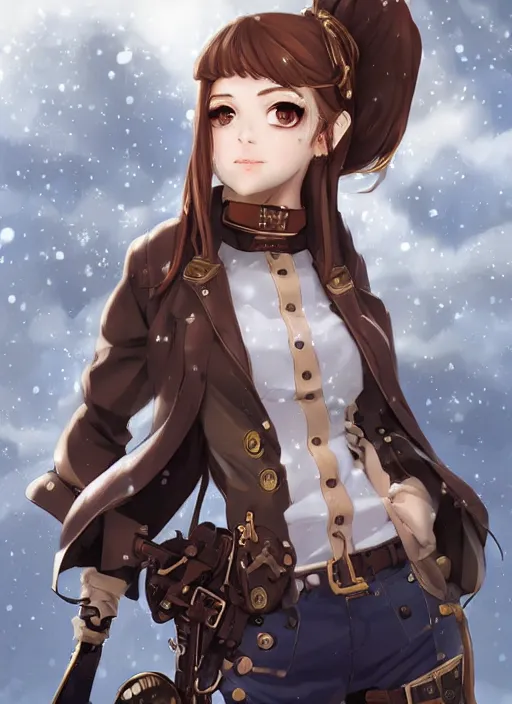 Prompt: girl with steampunk weapons and uniform, serious, intense, finely detailed, made by artgerm, full body portrait, illustration, snow, snowing, cloudy, anime, side view, perfect anime face, realistic face, zoomed out, smooth, brown eyes, high waisted shorts, sharp focus, key visual of your name