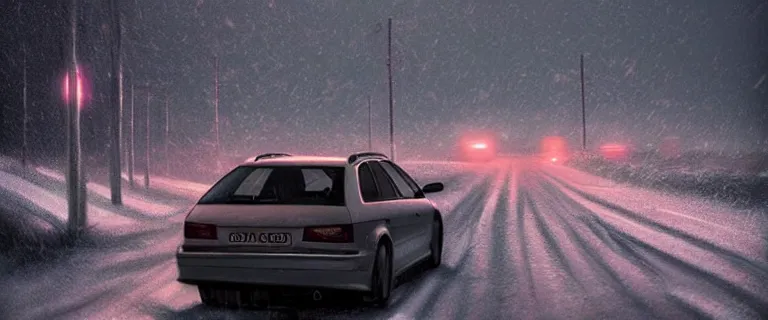 Image similar to Audi A4 B6 Avant (2002), a gritty neo-noir, Robot horror, dramatic bright lighting, cinematic, establishing shot, extremely high detail, photorealistic, cinematic lighting, artstation, by simon stalenhag, Snowy italian road, Snowy Apennines, At night, Poets of the Fall - Late Goodbye