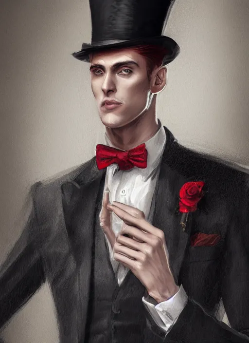 Image similar to a highly detailed illustration of stylish top hat wearing red haired attractive man, clean shaven, hyperdetailed face and eyes, wearing suit vest, nonchalantly leaning back pose, intricate, elegant, highly detailed, centered, digital painting, artstation, concept art, smooth, sharp focus, league of legends concept art, WLOP