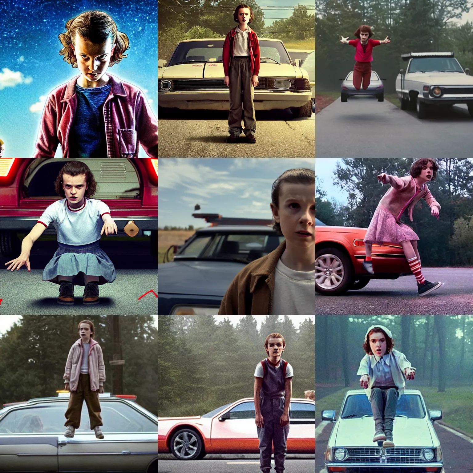 Prompt: Eleven from Stranger Things, levitating a car