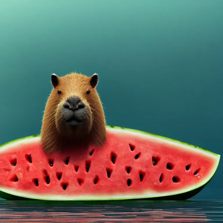 Image similar to a capybara floating in the oceon resting its head on a watermelon cut in half, octane render, trending on artstation, greg rutkowski very coherent symmetrical artwork. cinematic, hyper realism, high detail, octane render, 8 k