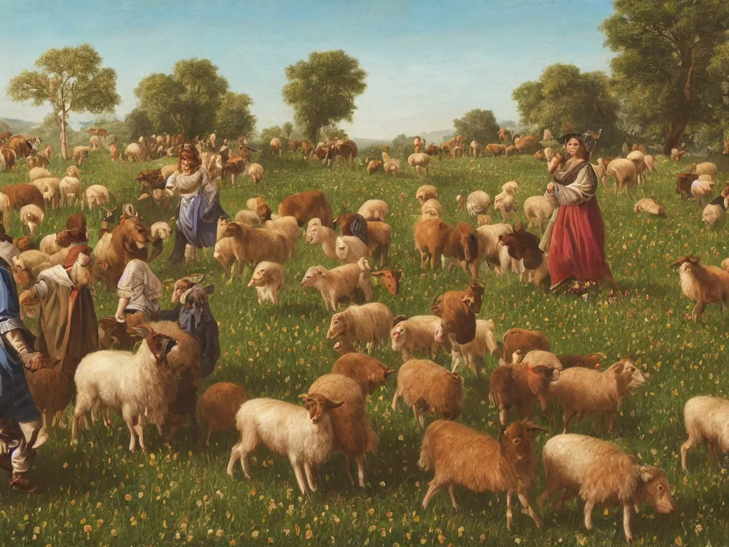 Prompt: group of social media celebrities being herd in a popcorn and candy field by a shepherd