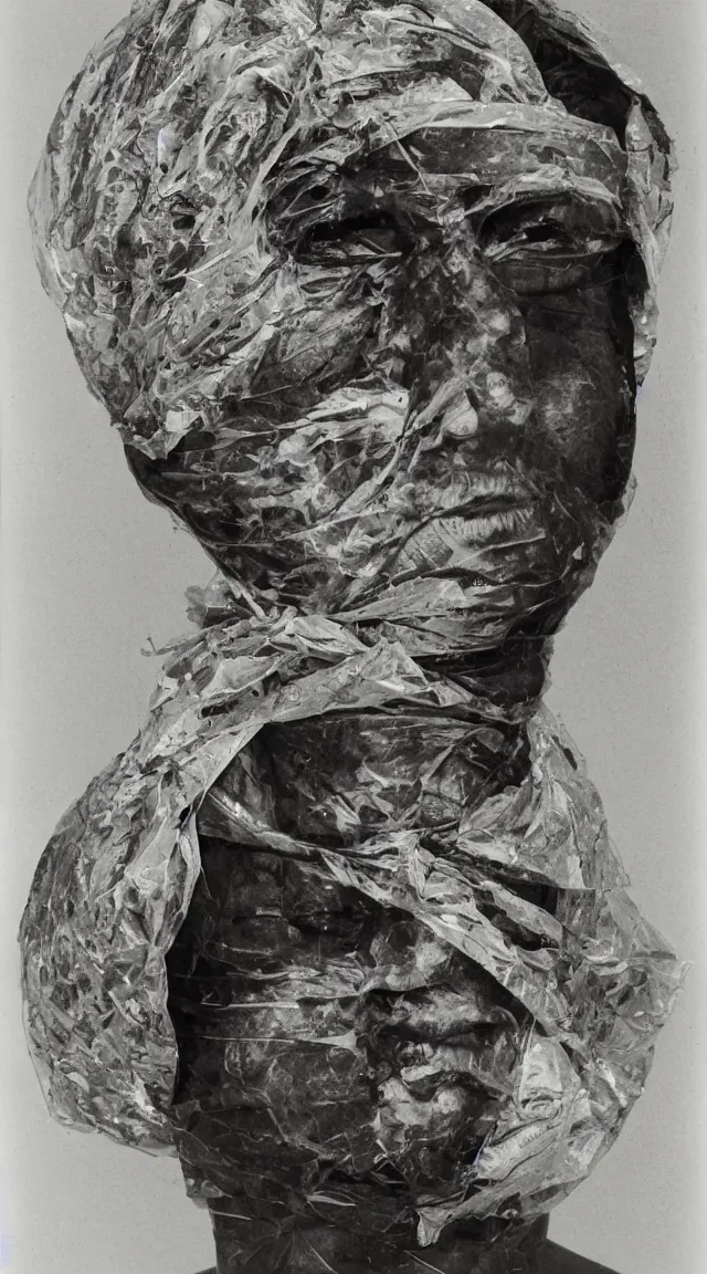 Image similar to a studio portrait of a head completely wrapped in duct tape.