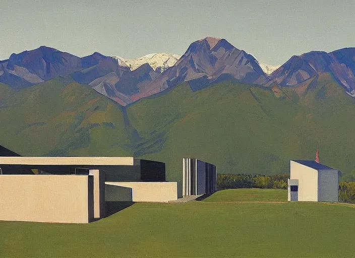 Image similar to painting of a corbusier house in in front of beautiful mountains by wayne thiebaud