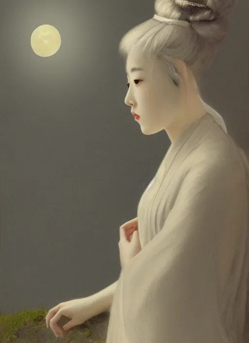 Image similar to beatifull pale wan woman, feminine goddes, side view, lit by the moon, adorable korean face silver hair!!, style of fernand khnopff and lucien levy - dhurmer, 4 k resolution, aesthetic!,