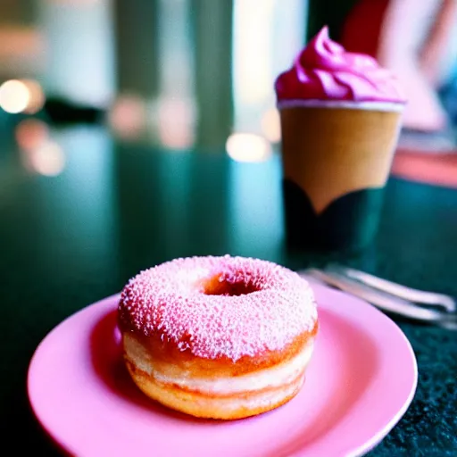 Prompt: a donut, pink frosting, on a plate in a busy diner, cinestill 800