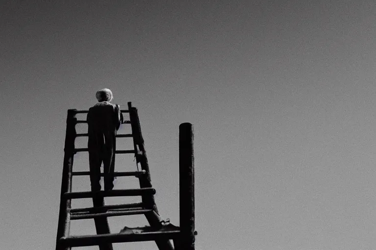 Image similar to “Close-up of a 100 years old man standing high on top of the ladders looking at the sky. In the style of ParkeHarrison”