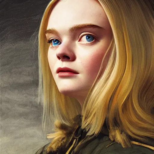 Image similar to Elle Fanning as an Android, head and shoulders masterpiece, oil on canvas, golden hour, in the world of Andrew Wyeth and Fallout 3, artstation, by J. C. Leyendecker and Peter Paul Rubens,