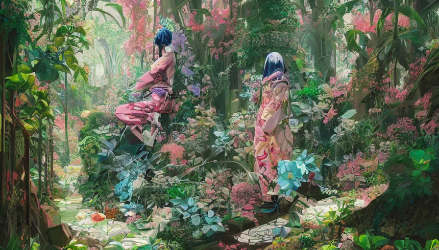 Image similar to a digital painting of a woman wearing gucci exploring a magical japanese temple, lush plants and flowers, eco - cyberpunk art by james jean, cgsociety, retrofuturism, anime aesthetic, chromatic, iridescent