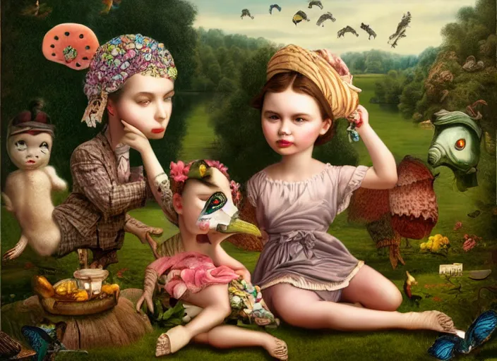 Image similar to 🦩🪐🐞👩🏻🦳, lowbrow, 8 k, matte painting, in the style of mark ryden,