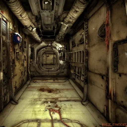 Image similar to disfigured necromorph being crawling in the spacecraft hallway, rusty and dirty interiors, highly realistic and intricate, dim lights