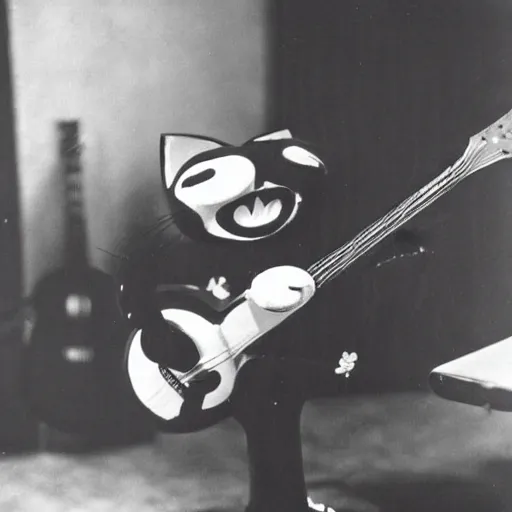 Image similar to cat playing guitar, rubber hose, felix the cat, pie eyes, 1 9 3 0 s, bw