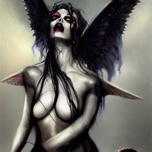 Image similar to portrait of erinyes demon, misty night, beautiful! coherent! by brom! deep colors, strong lines, high contrast